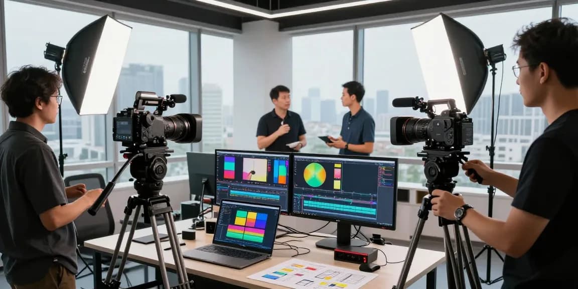 Corporate Video Recording Sg in a creative studio with a professional team collaborating on a video project.