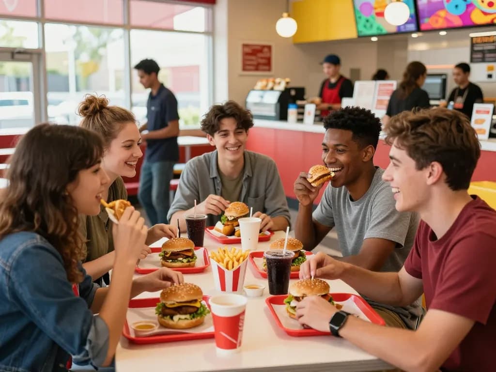 Enjoying fast food prices at a lively restaurant table filled with burgers and fries.