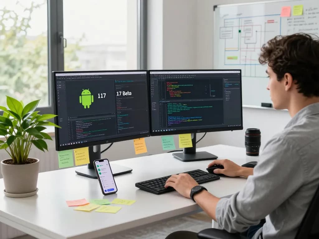 Android 17 Beta development workspace with dual monitors and coding tools
