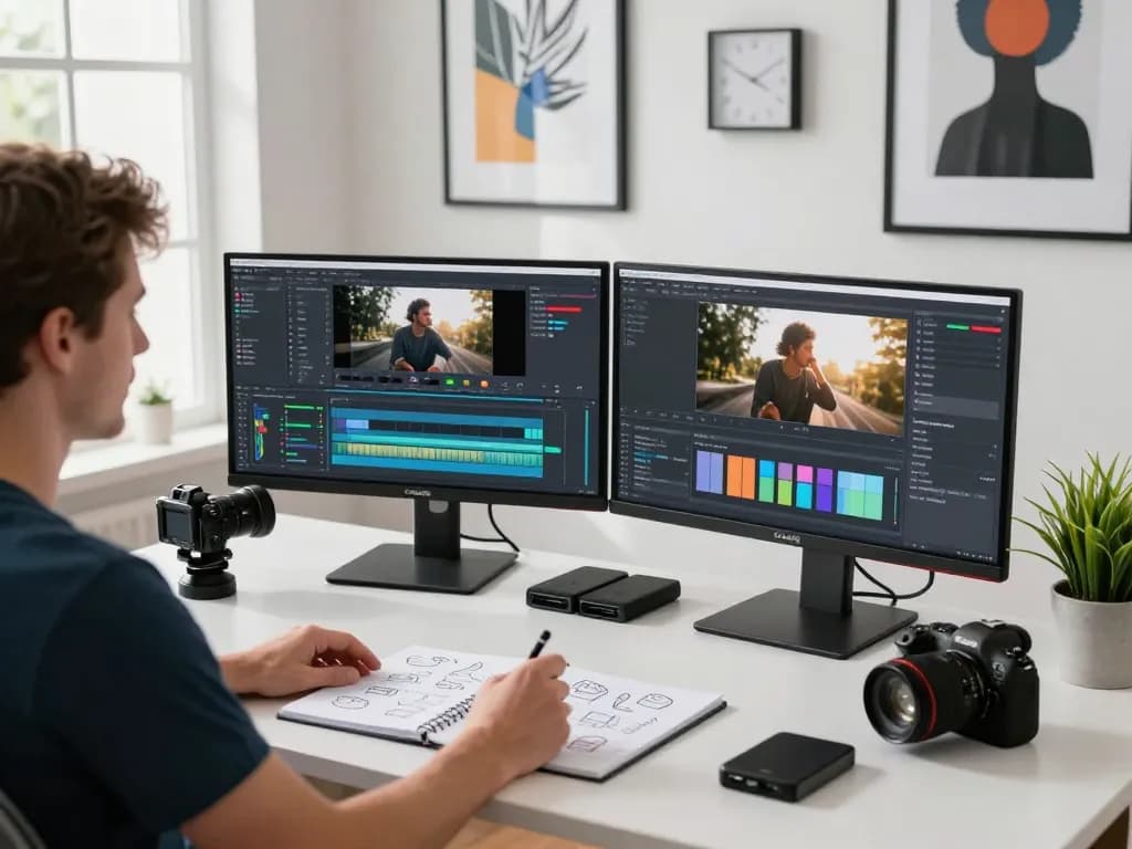 Creative workspace featuring a content creator using a video to promptgenerator tool with cameras and dual monitors.