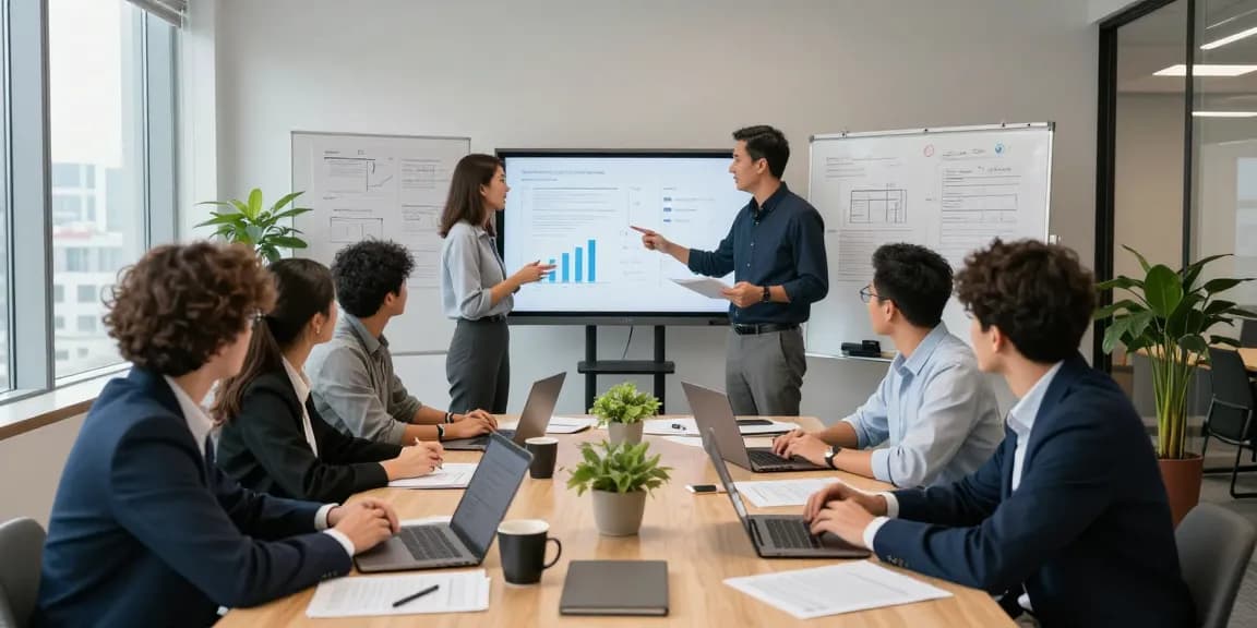 Fachportal für Qualität im Business collaboration in a modern office setting with a professional team.