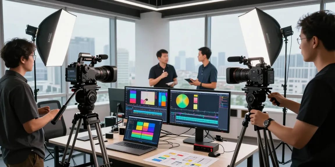 Corporate Video Recording Sg in a creative studio with a professional team collaborating on a video project.
