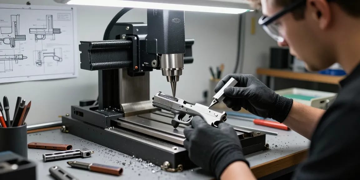 Custom Glock slide workbench at https://precisionglockslides.com showcasing expert craftsmanship and tooling details.
