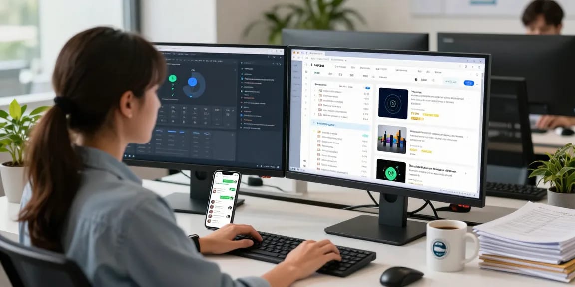 AI detector in action: analyst reviewing content moderation reports in a modern tech workspace.
