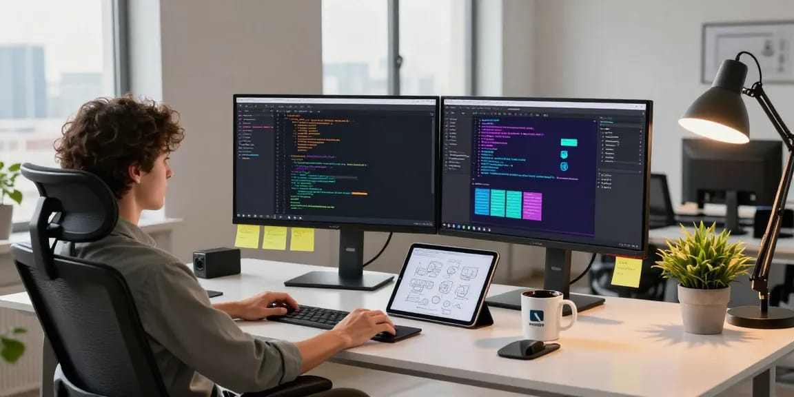 Efficient workspace showcasing advanced 截图软件 usage with dual monitors, programming tools, and creative design elements in a modern environment.
