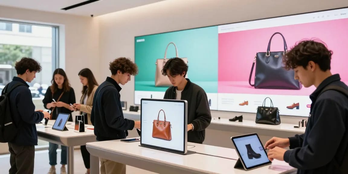 Customers engaging with stylish 레플리카 products on digital devices in a modern e-commerce setting, showcasing high-quality fashion.