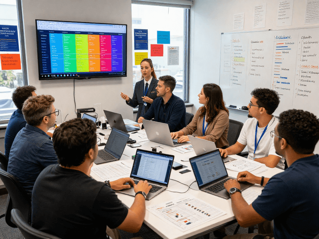 Campaign fundraising consultant collaborating with team in vibrant office, analyzing voter data for effective political strategy.
