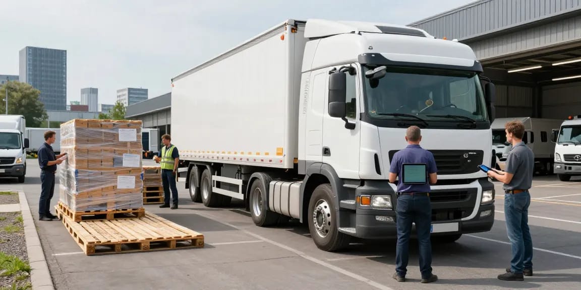 LKW Transport von Dortmund mit einem Fahrer, der vor seinem modernen Lkw steht, während Paletten im Hintergrund verladen werden.