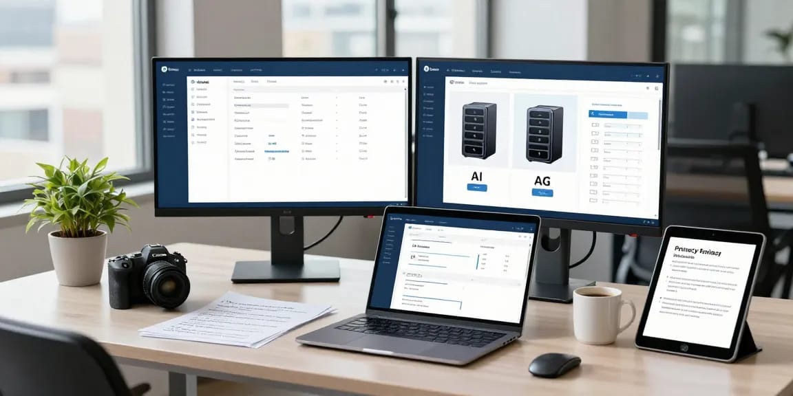 Digital workspace showcasing age verification system with compliance metrics and AI tools for enhanced security.