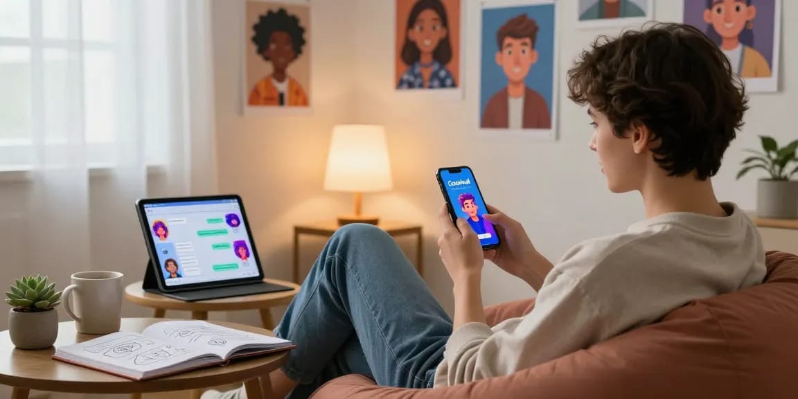 Engaging with Crushon IA character on smartphone in cozy home office.