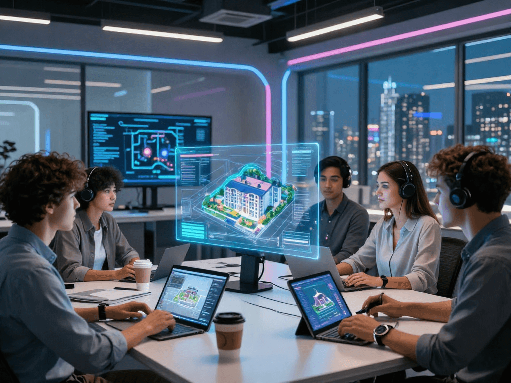 Dynamic virtual meeting showcasing innovative rokok 88 real estate concepts in a futuristic office environment.