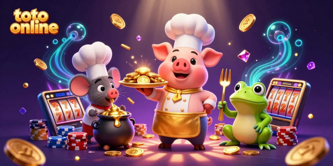 Menggoda pemain dengan toto online melalui ilustrasi koki babi menyajikan koin emas dalam suasana kasino yang meriah.