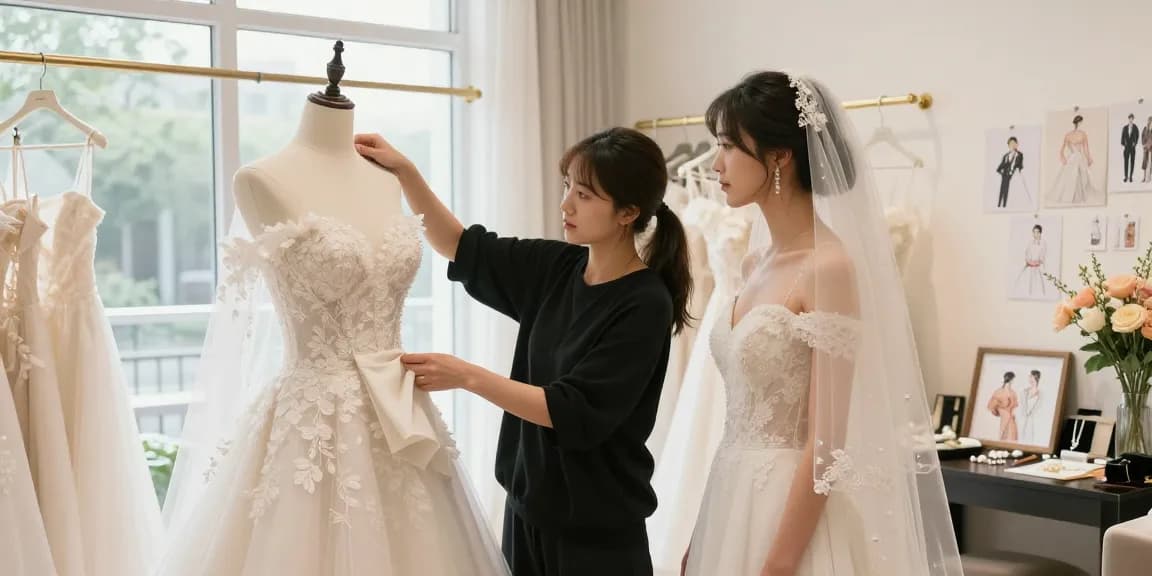 Consulenza di Bridal styling con stilista e sposa in boutique di lusso.