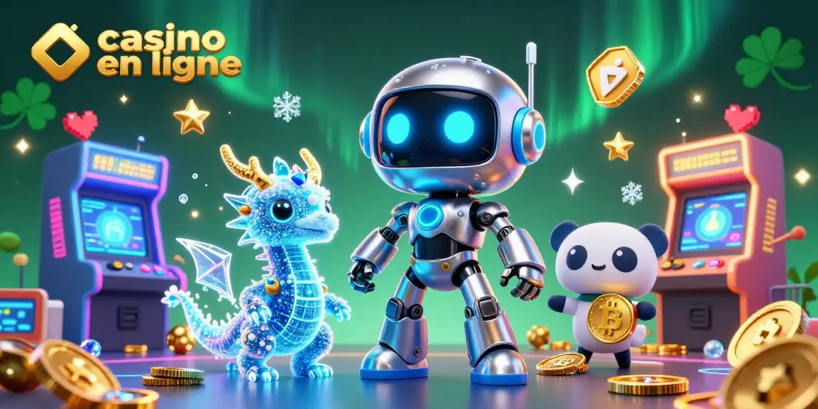 Découvrez le casino en ligne avec un robot cyberpunk et un dragon holographique dans une ambiance lumineuse.