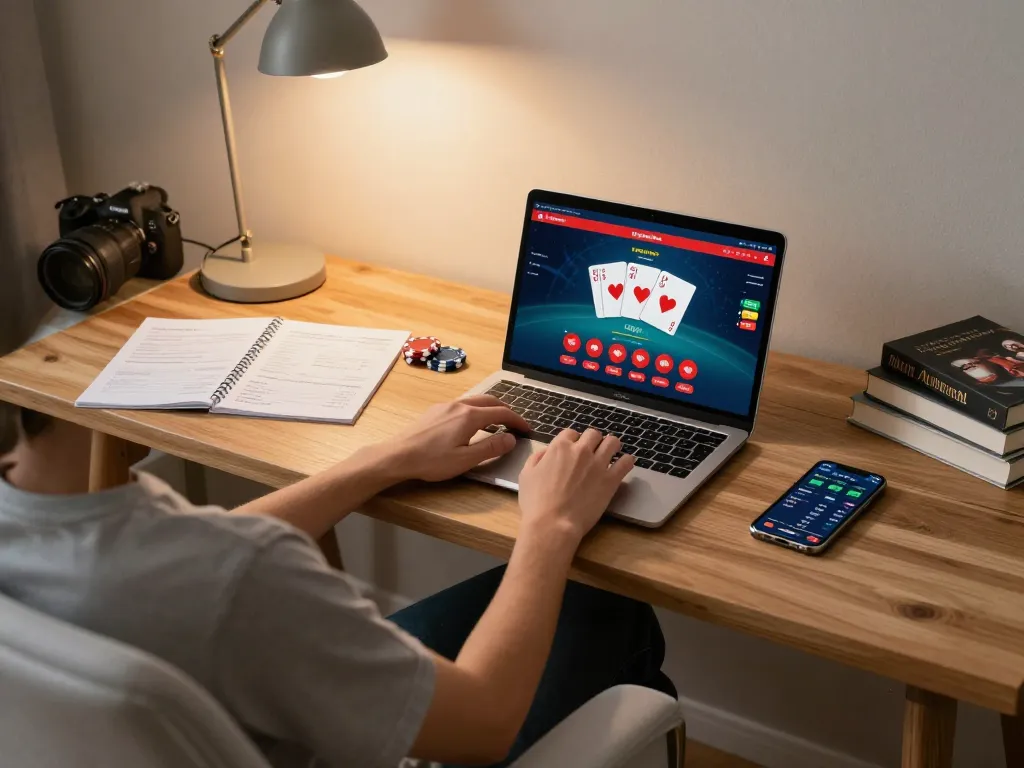 Player enjoying superjp poker on laptop with notes and smartphone in stylish home office