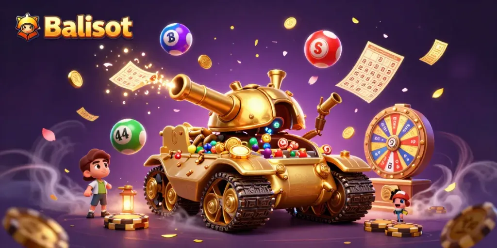 Experience the thrill of Balislot with a vibrant casino-themed 3D illustration showcasing action-packed elements.