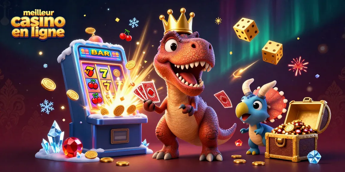 Visitez le meilleur casino en ligne avec des personnages de dinosaures animés jouant aux cartes et empilant des jetons dorés.