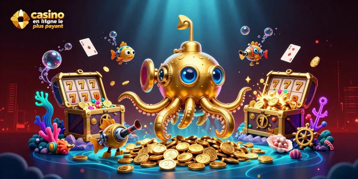 Illustrez le casino en ligne le plus payant avec des machines à sous, des pièces d'or et un kraken en 3D.