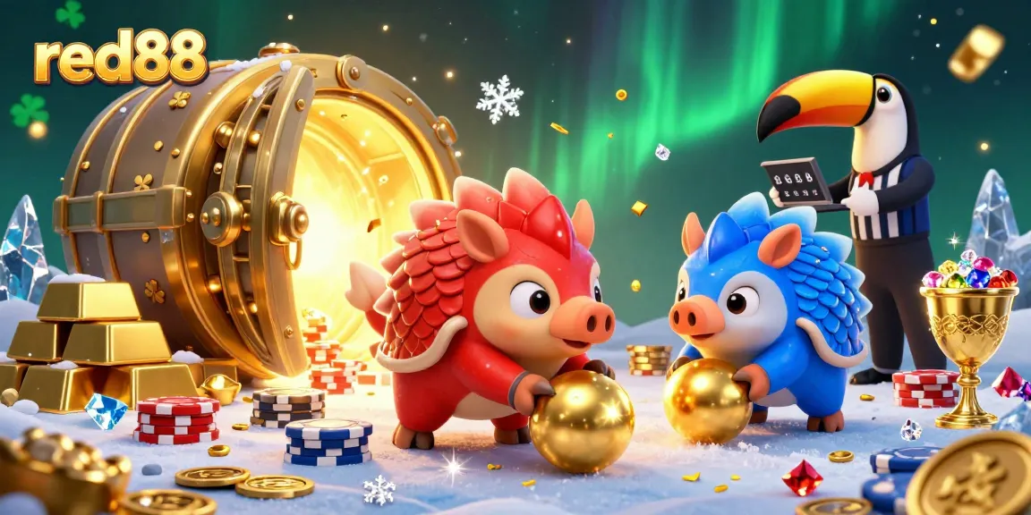 Experience the excitement of red88 as pangolins roll golden balls amid poker chips, showcasing a vibrant casino theme.