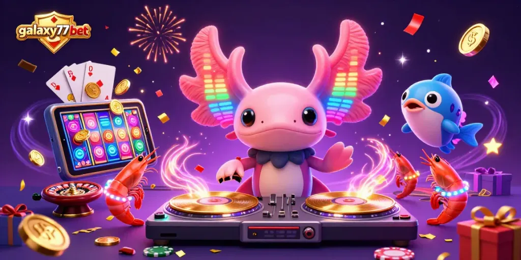 Engage players at galaxy77bet with a vibrant underwater casino party featuring animated characters and lively gambling elements.