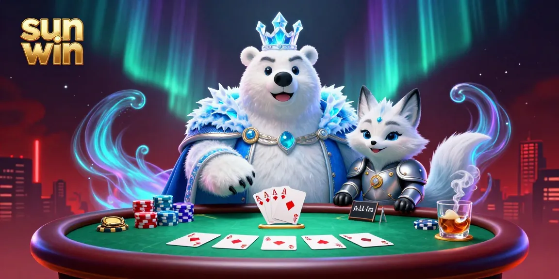 Engage with sun win through an energetic scene of a cartoon ice king and snow fox enjoying poker, complete with casino elements.