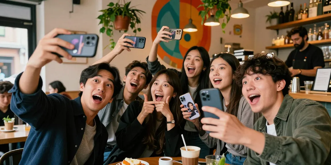 Group of friends eagerly using the celebs i look like app in a trendy café.
