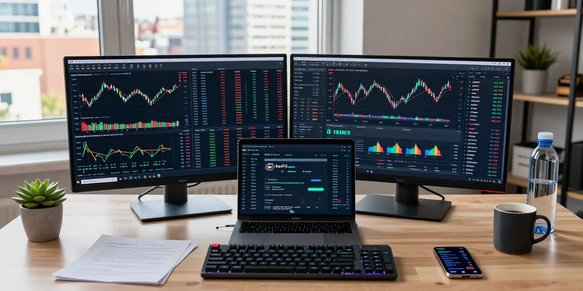 Current hcnwf stock price displayed on dual trading monitors with cryptocurrency market analysis in a modern home office.
