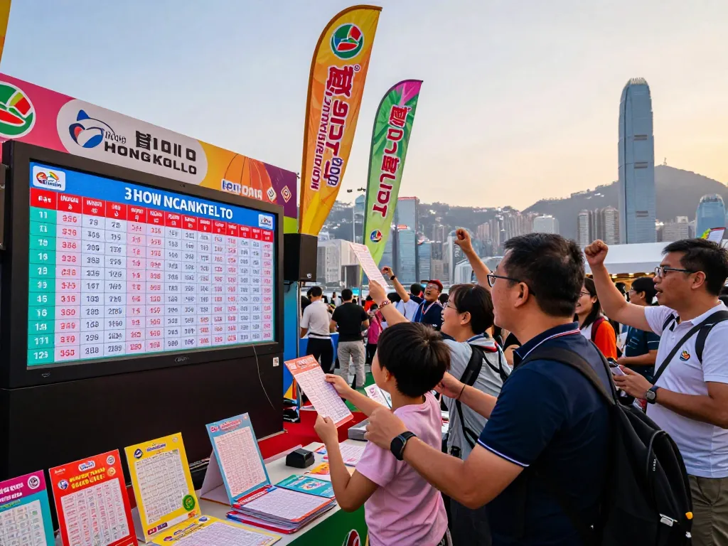 Exciting Hongkong Lotto outdoor event with families checking tickets and live draw displayed.