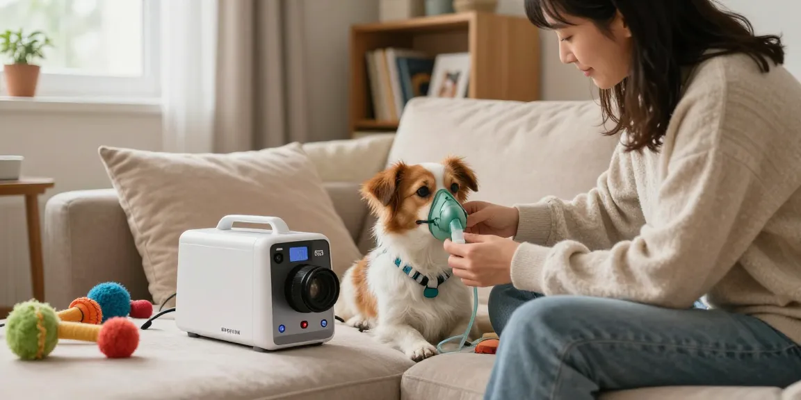 Pet owner using a portable 寵物氧氣機 租借 for oxygen therapy on a small dog in a cozy living room.