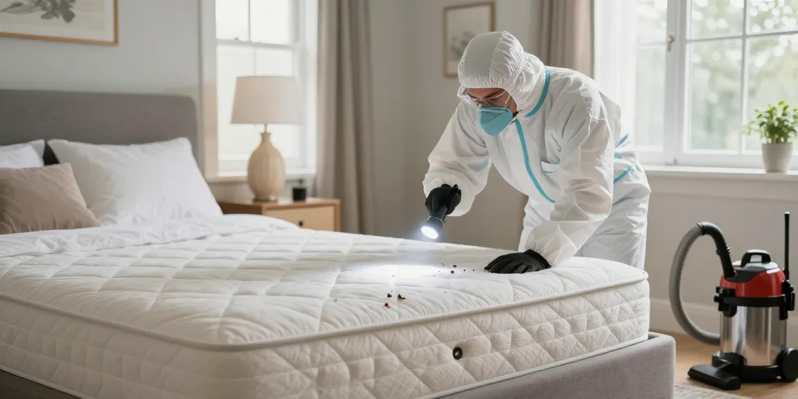 Bed bug control expert inspecting a cozy bedroom for bed bugs, showcasing professionalism and care.