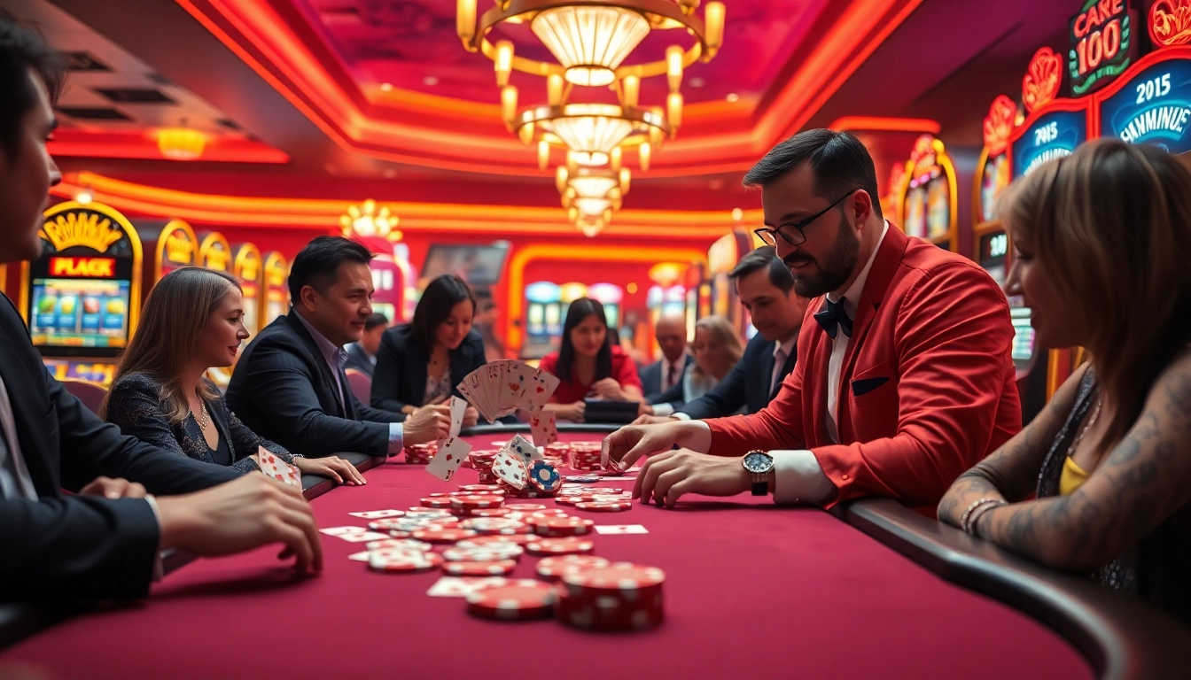Capture the excitement of the Vegas hero at a lively casino poker table with players and colorful chips.