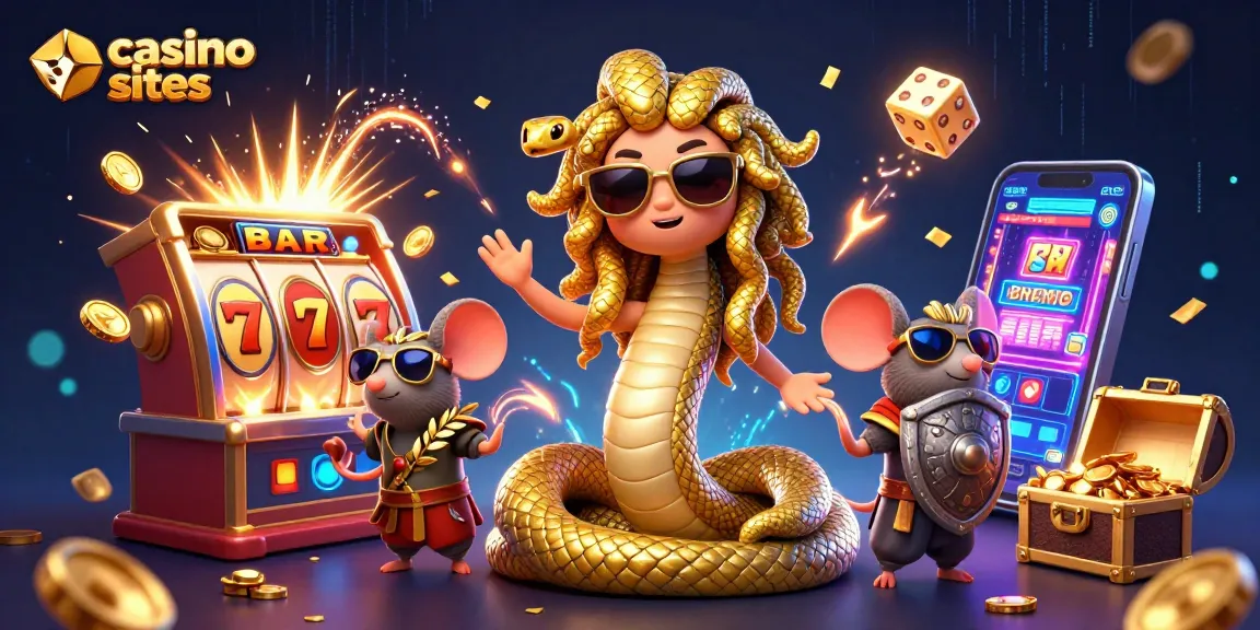 Engaging representation of casino sites featuring Medusa, a warrior mouse, and exciting slot machines.