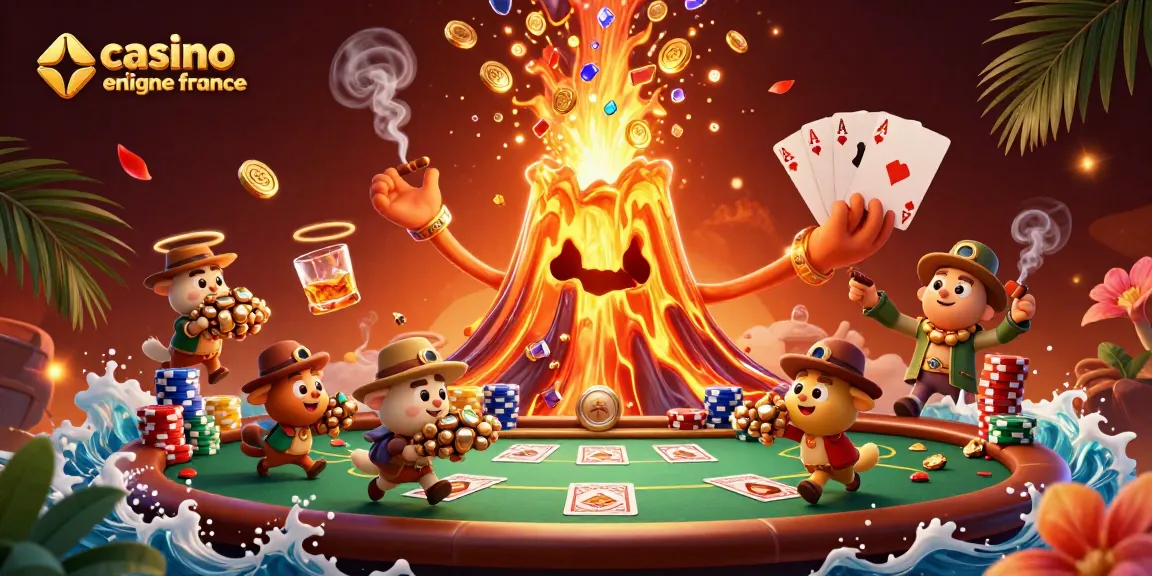 Une illustration 3D captivante représentant un volcan doré, des trésors et le thème casino en ligne france.