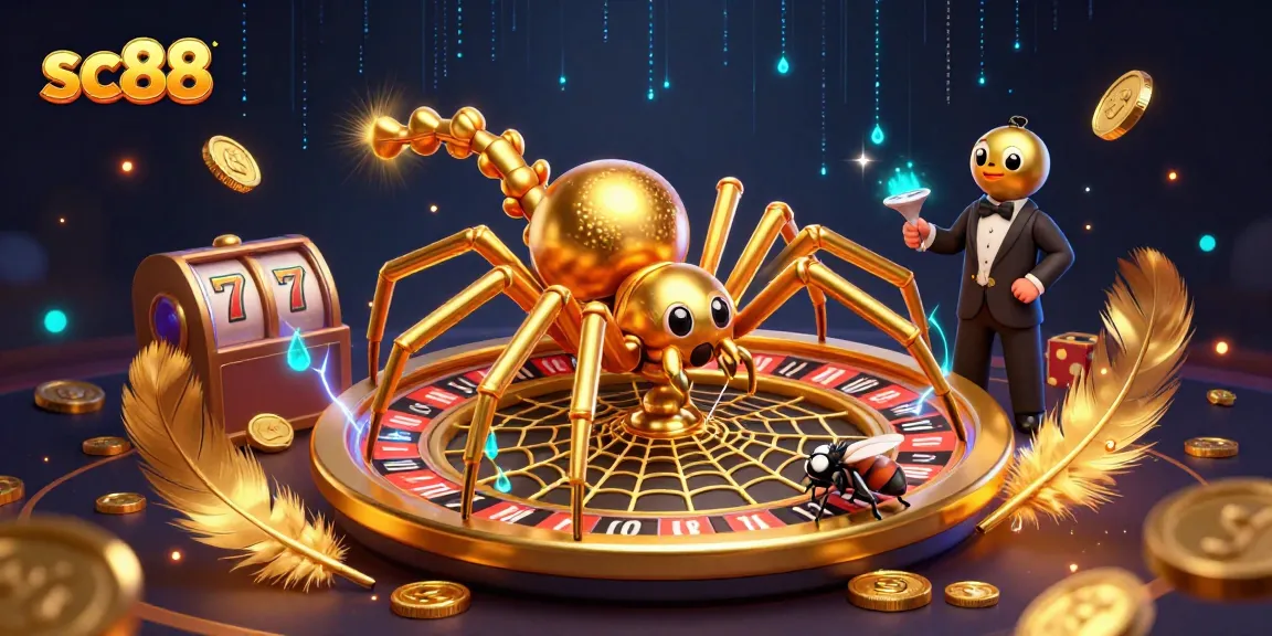 Experience thrilling bets at sc88 with a golden spider and centipede croupier in a dynamic casino scene.
