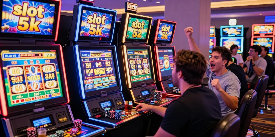 Players celebrating a win at a vibrant slot 5k machine in a lively casino atmosphere, showcasing excitement and bright visuals.