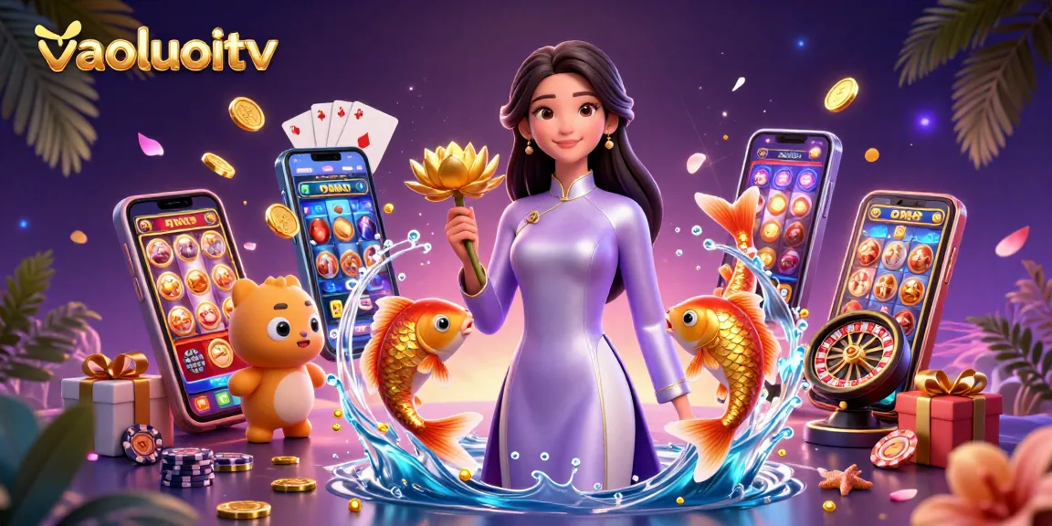 vaoluoitv showcases an immersive casino experience, featuring a stunning Asian woman alongside vibrant gaming elements.