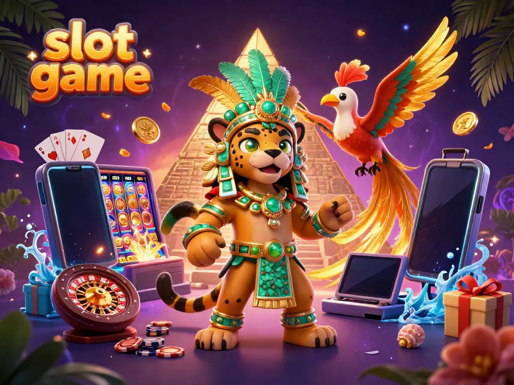 Experience thrilling slot game with vibrant 3D scene of Mayan priest, smartphone, and golden coins.