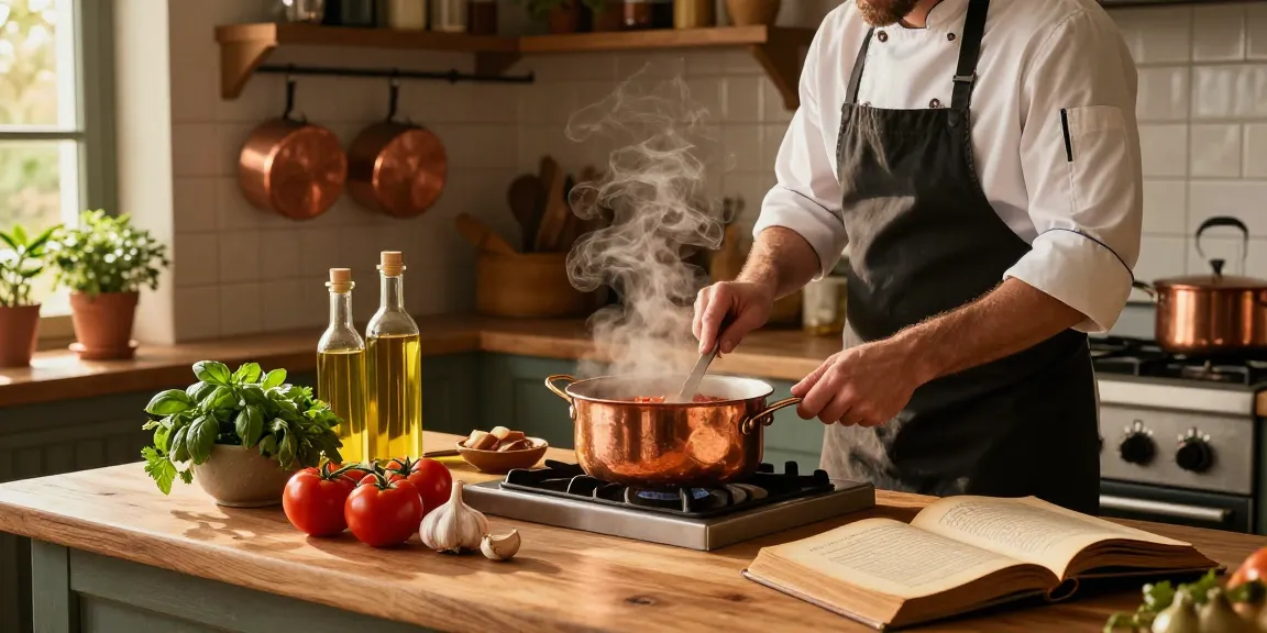 Chef, der in einer warmen, rustikalen Küche köstliche Soßen zubereitet.