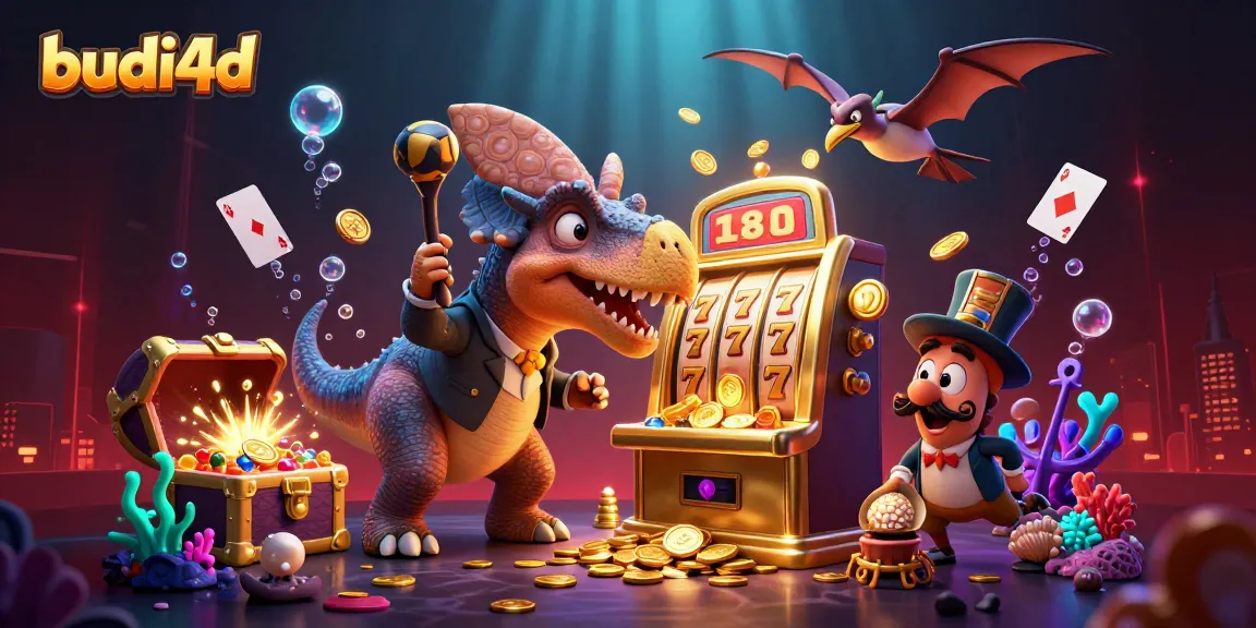 Engage with budi4d as a pachycephalosaurus triggers jackpot wins from a golden slot machine amidst a vibrant casino scene.