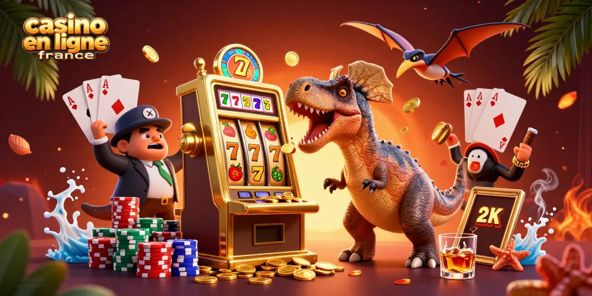 La scène de casino en ligne France avec des dinosaures assis autour des machines à sous, capturant l'excitation des jeux.
