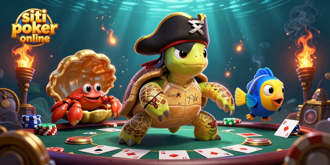 Scopri i migliori siti poker online mentre una tartaruga pirata e amici fluttuano sopra tesoro sottomarino.