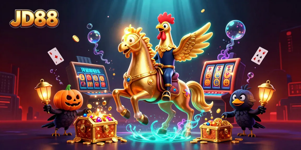 Engage with JD88's electrifying casino experience, featuring a golden rooster and spectral horse in a vibrant, magical scene.
