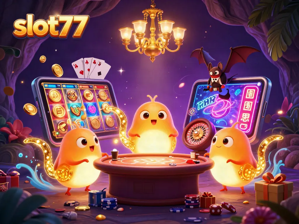 Permainan slot777 dengan karakter unik bercahaya di kasino, menampilkan dealer kelelawar dan elemen menarik.
