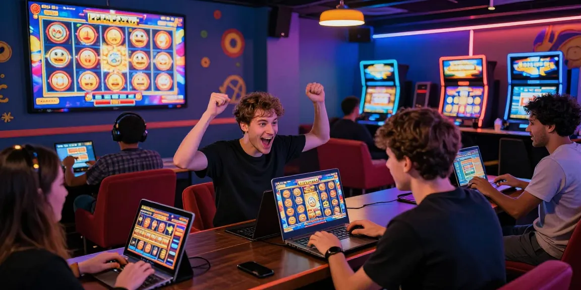 Excited players celebrating wins while playing slot games in a vibrant gaming lounge atmosphere.