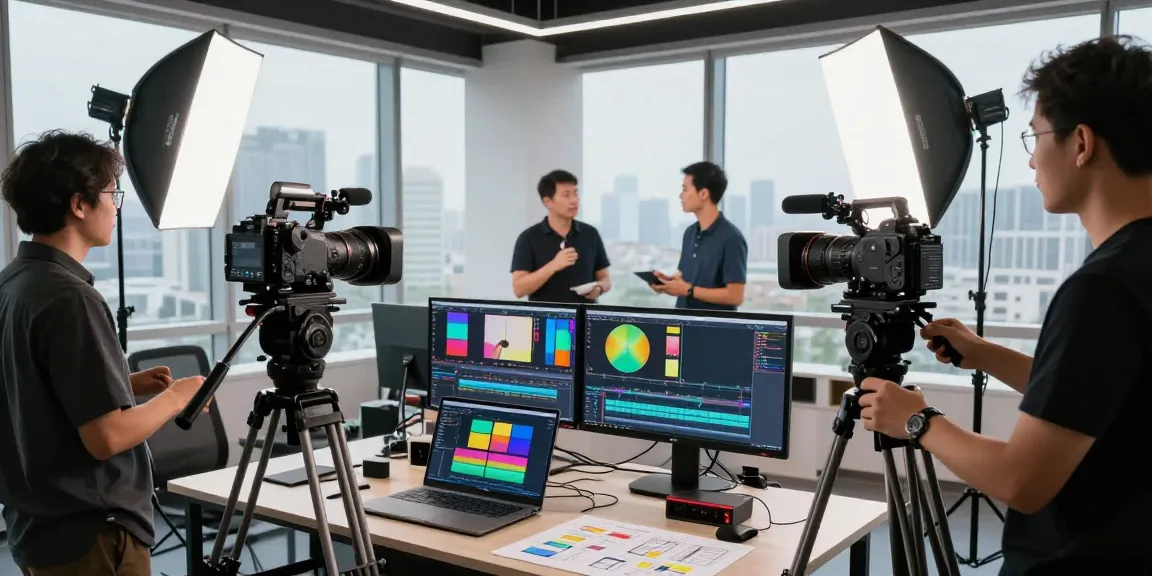 Corporate Video Recording Sg in a creative studio with a professional team collaborating on a video project.