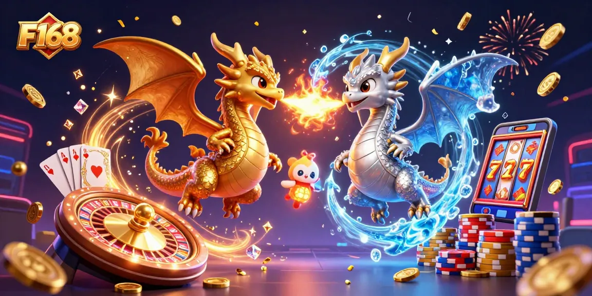 Experience thrilling gaming with F168 as twin dragons soar amidst gold coins and casino elements.