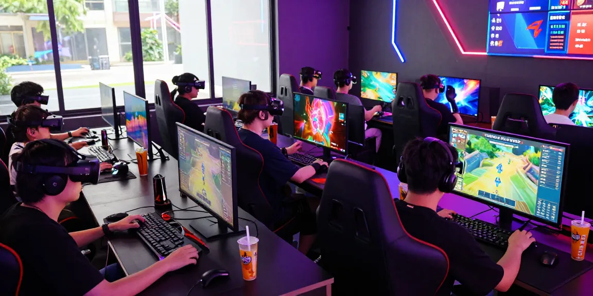rokok88 online gaming scene with players, vibrant atmosphere, competitive gameplay