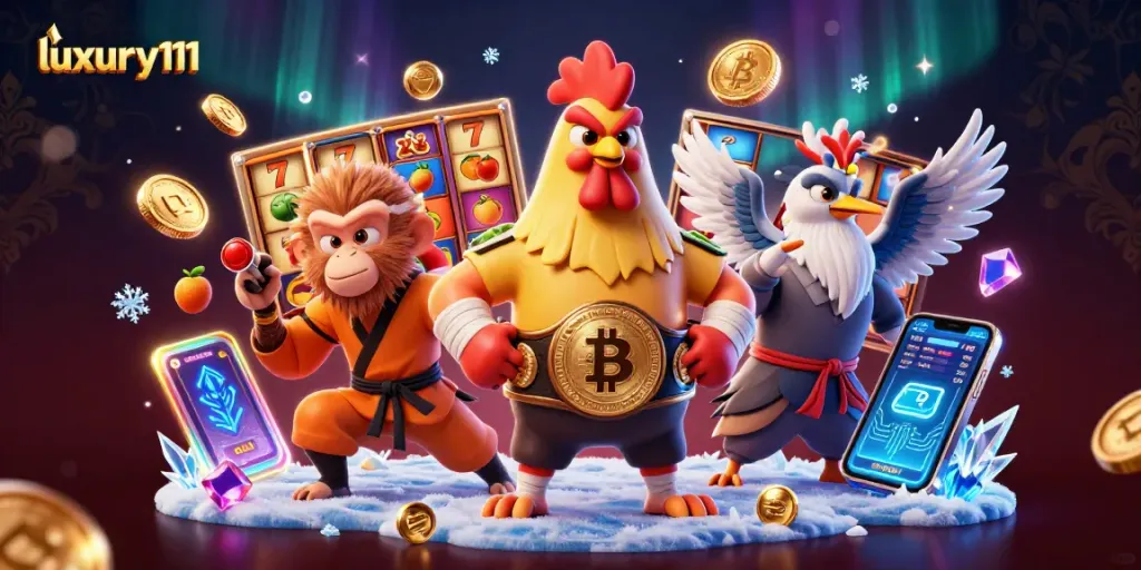 luxury111 menampilkan simbol slot dan jackpot dengan karakter unik di kasino digital.