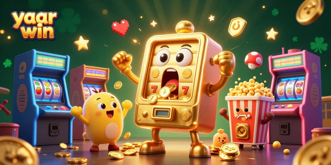 Experience yaar win as the golden slot machine hits a jackpot celebrating with coins and cheers all around.