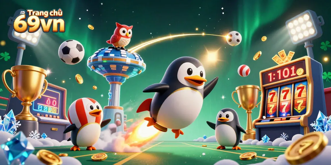 Experience the thrill of Trang chủ 69vn in a dynamic 3D casino adventure with a golden penguin and vibrant game elements.